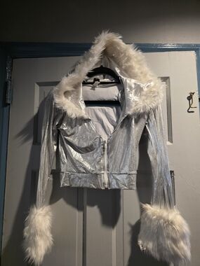 Silver Faux Fur-Trim Cropped Jacket